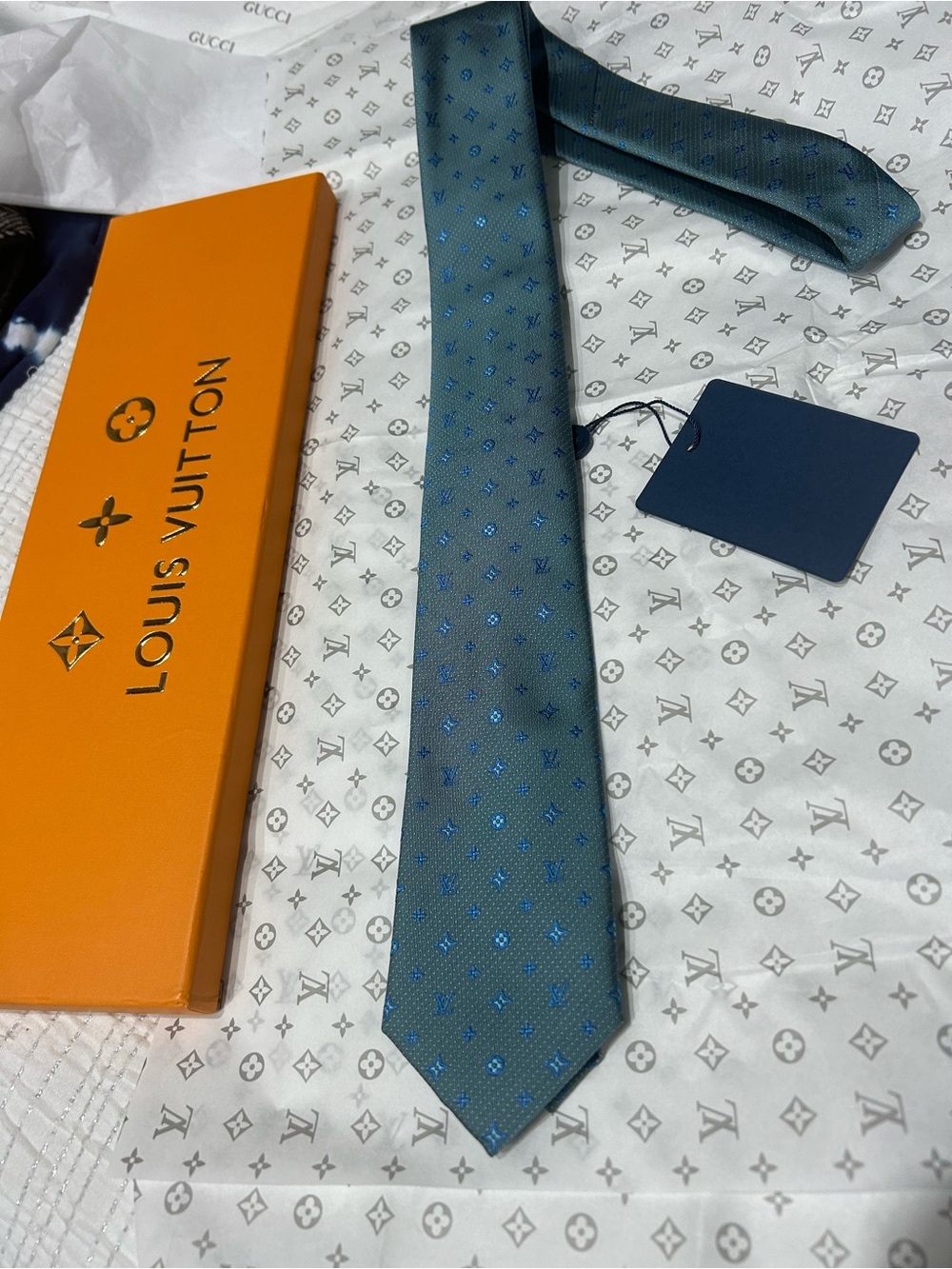 Louis Vuitton Green Tie with Blue Micro Monogram